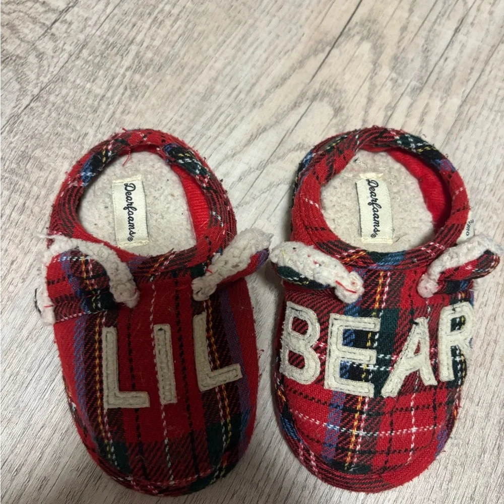 Dearfoams Red Plaid Lil Bear Kids Slippers